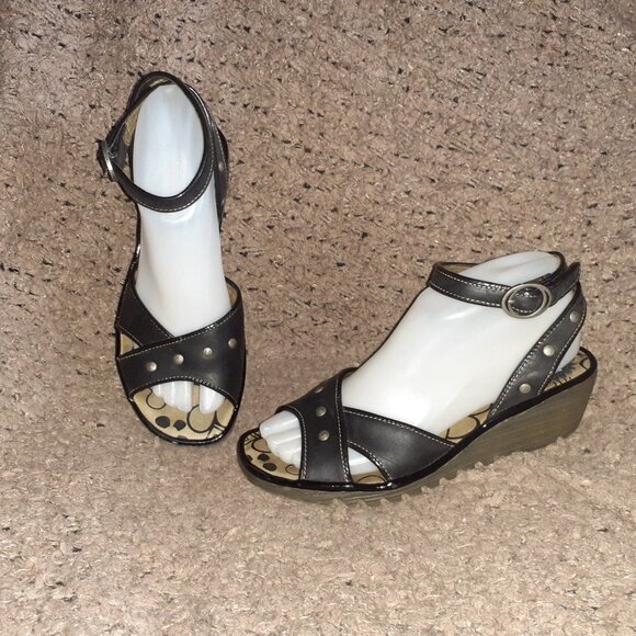 FLY LONDON-Black Studded Leather-Ankle Wrap Strap-Wedge-Sz 37-Excellent - Picture 1 of 7